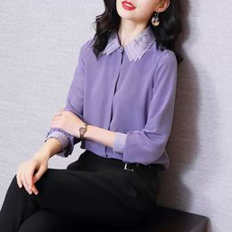 Women's TShirt Spring Summer Women Chiffon Turndown Collar Blouses Lady Shirts Female Casual Purple Blusas Tops 230131