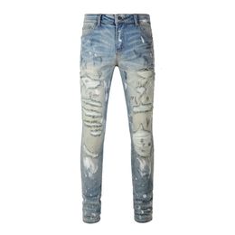 Men's Jeans Mens Streetwear Fashion Distressed Silm Fit Light Blue Damaged Holes Tie Dye Bandana Patchwork Ripped Stretch Graffiti 230131