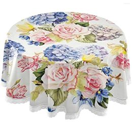 Table Cloth Rose Flowers Blue Pink Washable Dust-Proof Polyester Cover For Kitchen Dinning Tabletop Decoration (Round 60 Inch)