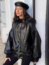 Women's Jackets SEASONS Black Faux Leather Jacket Winter Fashion Outerwear Women Clothing Zip Up Long Coats Oversized Cardigan 2023