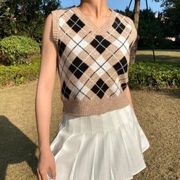 Women's Sweaters Women Vintage Knitted Sleeveless Vest Preppy Style Argyle Plaid Print Brown Sweater V-Neck Slim Pullover Jumper Crop Top