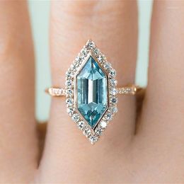 Wedding Rings Exquisite Gold Plated Unique Sea Blue Gems Crystal Ring Zircon Band Engagement Bridal Jewelry Lover's Gifts