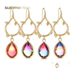 Dangle Chandelier Vintage Rainbow Crystal Earrings For Women Water Drop Birthstone Gold Leaf Teardrop Earring Fashion Jewellery Gift Otwdd