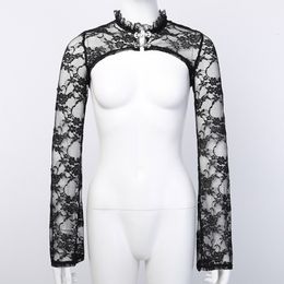 Women's TShirt Women Vintage Flare Long Sleeve Slim Bolero Ruffles Stand Collar Floral Lace Shrug Sexy Sheer Black Cardigan Top 230131