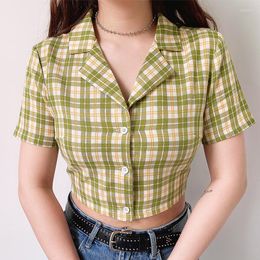 Women's Blouses 2023 Summer Blouse Fashion Women Vintage Crop Shirt Streetwear Plaid Ladies Tops Elegant Button Up Korean Top