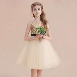 Girl Dresses Champagne Gold Short Tulle Flower Dress Kids Formal Party Gowns Burgundy Sequins Cap Sleeves Girls Show Performance Costume