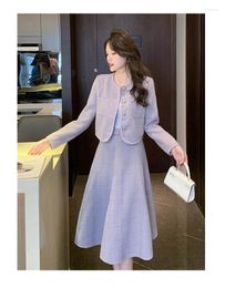 Work Dresses Women Elegant Suit Temperament Small Fragrance Purple Tweed Long Sleeve Short Coat High Waist A-Line Skirt 2 Piece Sets