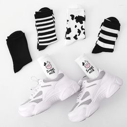 Women Socks Striped Kawaii Cartoon Cow White Crew Japanese Fashion Korean Style Harajuku Streetwear Skateboard Sock