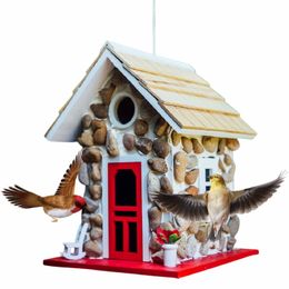 Bird Cages Stone Cottage House Resin Feeder With Roof Country Cottages Nest For Indoor Outdoor Tree Decorations Garden 230130