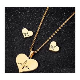 Earrings Necklace Stainless Steel Love Heart Women Gold Heartbeat Stud Jewellery Sets For Girls Wedding Drop Delivery Othfc