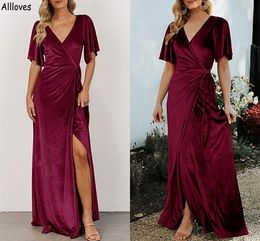 Dubai Arabic Burgundy Velvet Long Bridesmaid Dresses Sexy V Neck Short Sleeves Boho Country Wedding Guest Prom Gowns Split Side Plus Size Maid Of Honor Dress CL1746