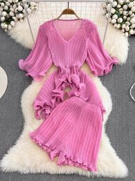 Women's Tracksuits Women Summer Short Sets Celebrity Temperament V-neck Irregular Pleated Chiffon Top Two-piece High Waist Wide Leg Shorts