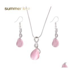 Earrings Necklace Design Pink Opal And Ring Jewellery Set Natural Gem Stone Water Drop Earring For Women Delivery Sets Otpja