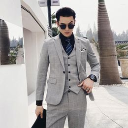 Men's Suits Four Seasons Current Gentleman Plaid Suit For Men British Style Youth Male Business Social Banquet Leisure Three Piece Sets