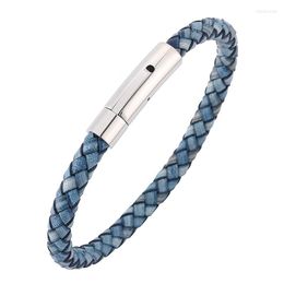 Charm Bracelets Fashion Men Blue Genuine Leather Bracelet Simple Stainless Steel Button Neutral Accessories Hand-woven Jewellery Gifts PD0240