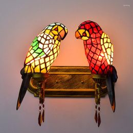 Wall Lamp Stained Glass Double Parrots Lighting Fixture Modern Style Creative Bar Club Lobby Bedroom E27 Base Led Light