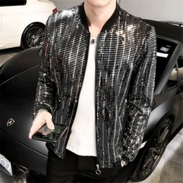 Men's Jackets Spring Sequined Bomber Jacket Men Long Sleeve Glitter Zipper Thin Coat Hip Hop Loose Night Club Stage Streetwear Coats 230130