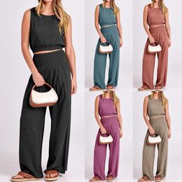 Women's Two Piece Pants Women Wide Leg Pant Sets Korean Y2k High Waisted Sleeveless Temperament Casual Suits In Matching Clothing