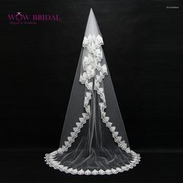 Bridal Veils Wowbridal Graceful White Veil Lace Embroidered Edge Tulle Floor-Length Trail Wedding Accessories