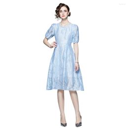 Work Dresses -French Niche Gentle Bubble Sleeve Blue Jacquard Nail Bead High Sense Medium Length Dress Women