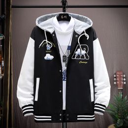Men's Jackets Spring Hooded Baseball Mens Harajuku Pattern Letter Printed Patchwork College Style Casual Unisex Women 230731