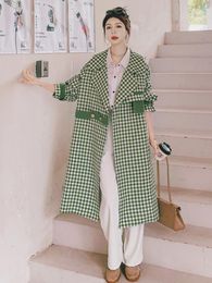 Women's Trench Coats Green Plaid Coat Long Jacket 2023 Spring Women Elegant Fashion British Style Loose Casual Windbreaker Outerwear Girl
