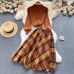 Casual Dresses 2023 Autumn Women Retro Sweater Suits Lantern Sleeve Sheath Knitted Top Elastic Loose Long Skirt Vintage Two Piece SR928