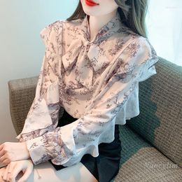 Women's Blouses Design Print Chiffon Blouse Long-Sleeved Spring And Autumn Clothing 2023 Pullover Bow Tie Collar Office Shirts Femme
