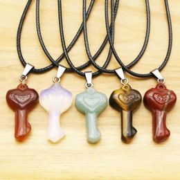 Pendant Necklaces Natural Crystal Agate 520 Love Key Obsidian Tiger Eye Stone Leather Rope Couple Necklace Diy Charm Jewelry Wholesale 1Pc