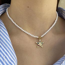 Pendant Necklaces CZ Five-pointed Star Gold Colour Imitation Pearl Necklace For Women Collar Stainless Steel Clasp