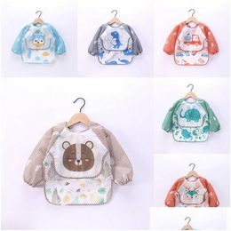 Bibs Burp Cloths Baby Toddler Bib Overall Waterproof Bear Christmas Long Sleeve Cartoon Animail Elk Print Children Kid Feeding Smock Dhrwy