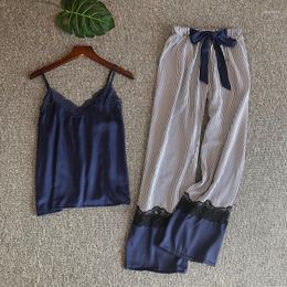 Women's Sleepwear Blue Ice Silk Pajamas Set Two Pieces Sleep Suit Bow Tie Lace Trousers Adjustable Strap Night Wears For Women Lenceria