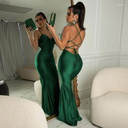 Casual Dresses Summer 2023 Sexy Backless Slim Evening Midi Satin Dress Women Off Shoulder Sleeveless Bodycon Party Club Y2K Green
