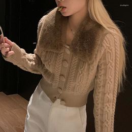 Women's Knits Korean Fashion Ribbed Twist Knitted Button Cardigan Sweaters Fur Collar Long Sleeve Slim Vintage Harajuku Y2k Women Short Coat