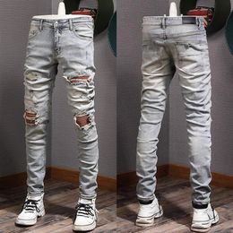 Patch Stretch Jeans Man Cotton Cowboy Pants Rip Effect Slim Fit Leg Damage Denim338g