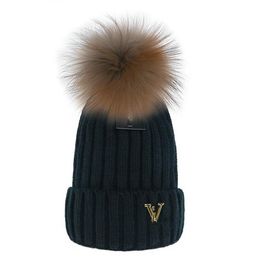 Warm Beanies Letter V Real Fur Ball Women Men Casual Candy Colour hip hop Hat