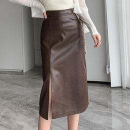 Skirts Pu Leather For Women High Waisted Skirt Pencil Elegant Split Autumn Winter Midi Korean Style