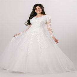 2020 New A-line Modest Wedding Dresses With Long Sheer Sleeves V Neck Sequined Lace Tulle Dropped Waist Buttons Back Religious Bri190c