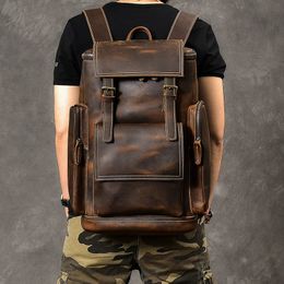 Day Packs Vintage Crazy Horse Genuine Leather Backpack Men Bagpack Climbing Rucksack male Large Hiking M814 230731