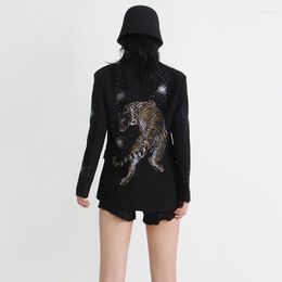 Women's Suits 2023 Autumn Street Fashion Personality Tiger Pattern Diamond Shiny Black Casual Suit Coat