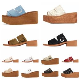 2023 Frauen Sandalen Woody Hausschuhe Plattform Mules Leinwand schwarz weiß rosa blau Slides Luxus Mode Kätzchen Slipper Thong Sling Back Square Toe Flats Sandels Slider