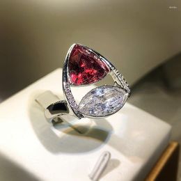 Cluster Rings Creative Fashion Red White Zircon Ring For Ladies 925 Stamp Geometric Jewelry Wedding Party Birthday Gift