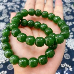 Strand Grade A Green Jade Bracelet Men Women Fine Jewellery Genuine Natural Nephrite Hetian Jades Barrel Beads Elastic Bracelets