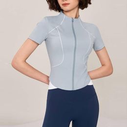 Women's Jackets Casual Short Sleeve Slim Yoga Clothes Women Fashion Solid Stand Collar Zipper Crop Jacket Tops Summer Exercise Cycling