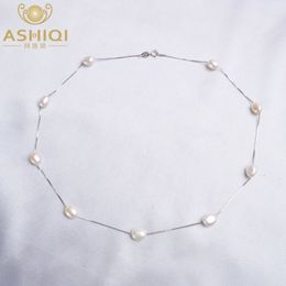 خيوط سلاسل Ashiqi Baroque Natural Pearl Necklace للنساء مع 925 Sterling Silver Chain 67 مم مجوهرات أزياء المياه العذبة 230801