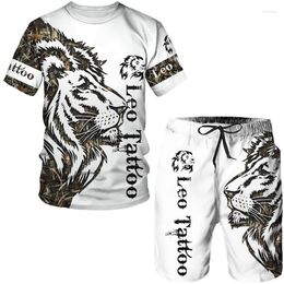 Men's Tracksuits Summer Men Animal Tattoo White Short Sleeve T-shirt The Lion 3d Printed O-neck Tees Shorts Suit Casual Sportwear Tracksuit