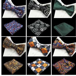 GUSLESON New Design Self Bow Tie And Hanky Set Silk Jacquard Woven Men BowTie Pocket Square Handkerchief Suit Wedding Party275k