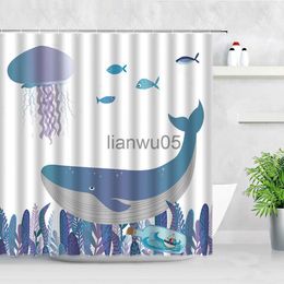 Shower Curtains Cartoon Shower Curtains Whale Jellyfish Fish Water Grass Seabed World Print Child Bathroom Decor Waterproof Fabric Curtain Set x0731