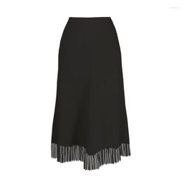 Skirts High Waist Spliced Tassel Slim Casual Skirt Solid Black Bodycon For Women Style 2023 Summer Fashion Midi Clothing