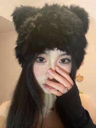 Wide Brim Hats Bucket Black bear ears rabbit fur hat cute plush wrap head cap cold warm 230801